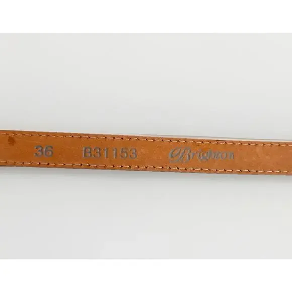 Brighton Patent Leather Belt Black Skinny Silver Tone Buckle Etched Scroll SZ 36 - Picture 4 of 5